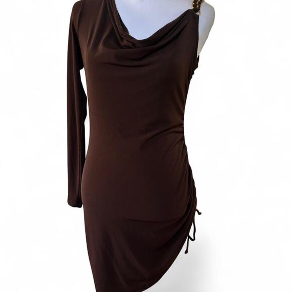 Y2K VTG cache brown stretchy one sleeve chain link ruched tie mini dress x small - Picture 5 of 7